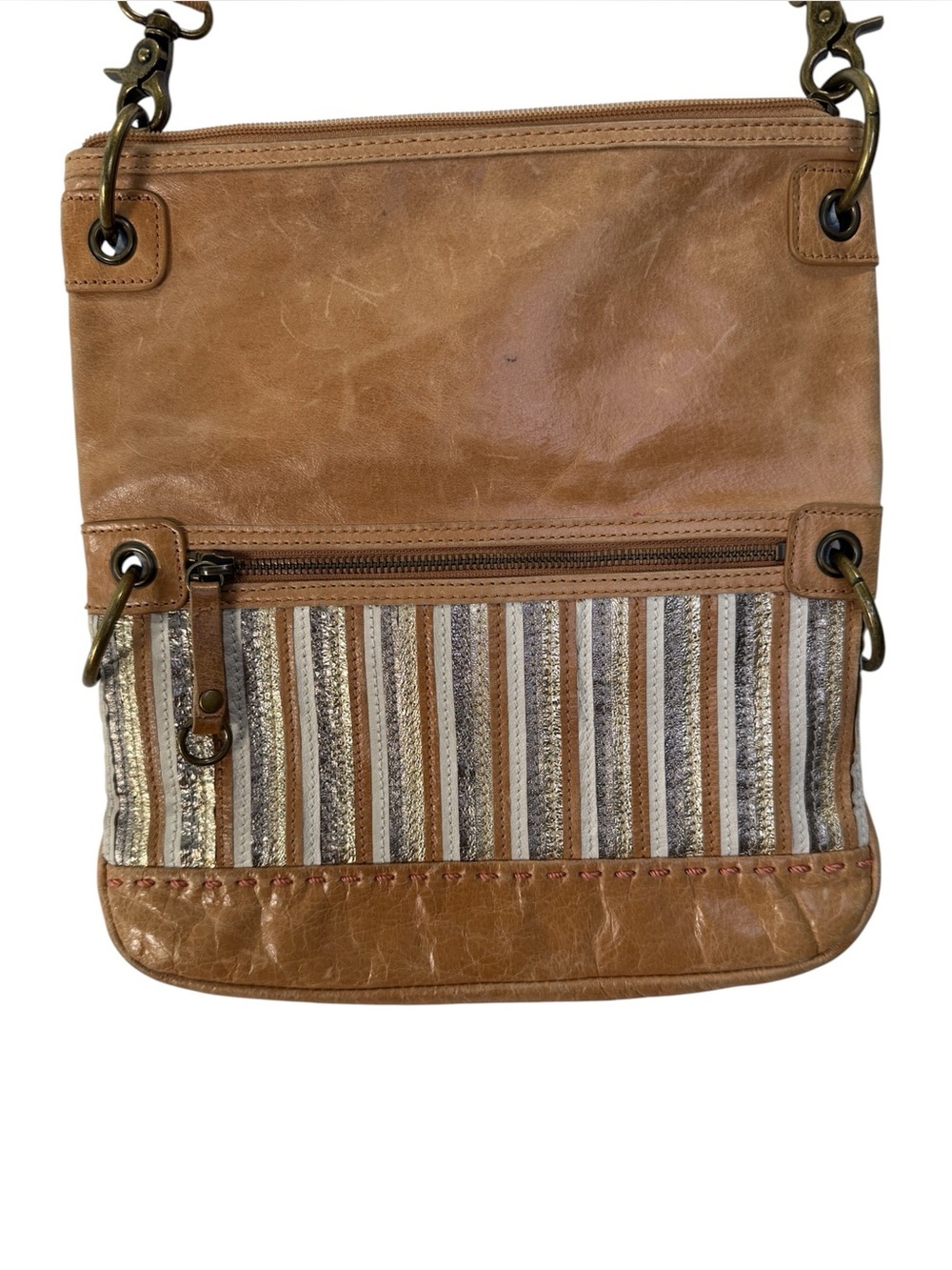 The Sak Tan Leather Crossbody with Metallic Stripe Accent